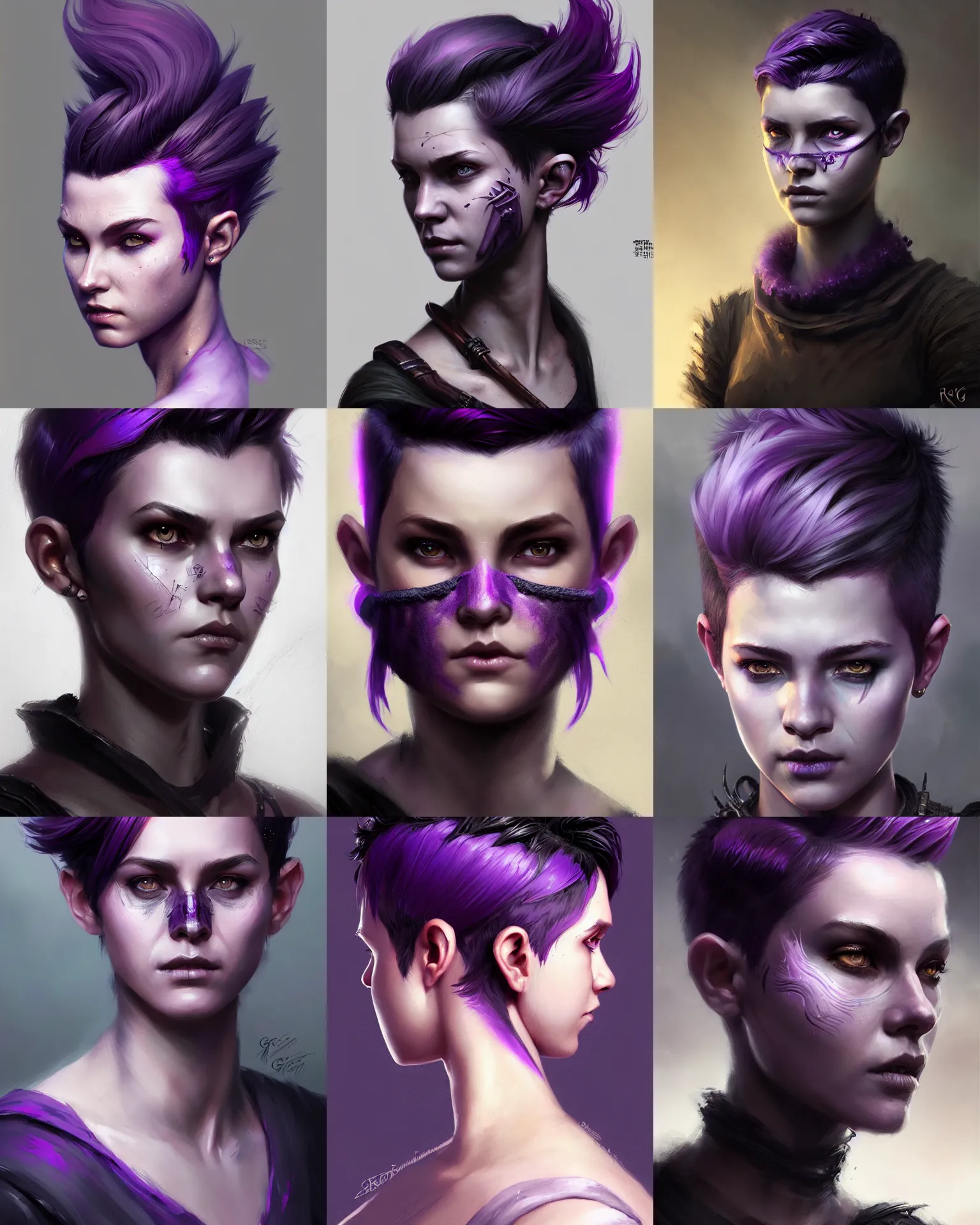 Prompt: Portrait of rugged young adult female, D&D fantasy magic, pixie undercut hairstyle, black to purple fade hairstyle, wearing dark face mask, intricate, highly detailed, digital painting, artstation, concept art, sharp focus, illustration, art by greg rutkowski and ross draws