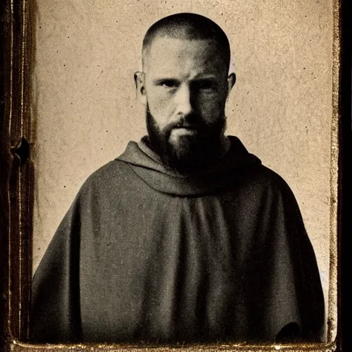 Prompt: tintype photograph of medieval monk, medieval abbot, italian monastery, medieval photograph