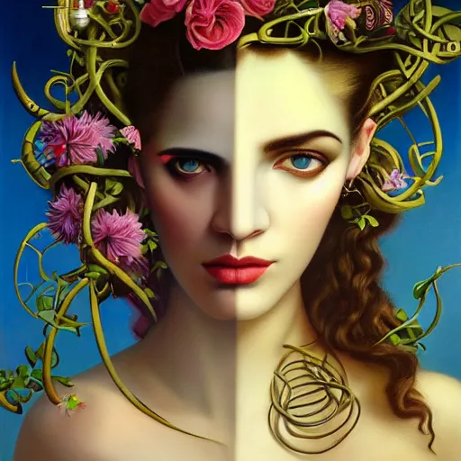 Prompt: dynamic composition, a painting of woman with hair of summer flowers and vines wearing ornate earrings,, ornate gilded details, a surrealist painting by tom bagshaw and jacek yerga and tamara de lempicka and jesse king, featured on cgsociety, pop surrealism, surrealist, dramatic lighting, wiccan, pre - raphaelite