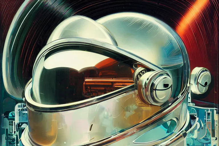 Image similar to portrait of a biomechanical head inside a futuristic space helmet, vintage, neon, white metal, iridescent visor, smooth, sharp focus, high detail, deviantart, art by Syd Mead and John Berkey,