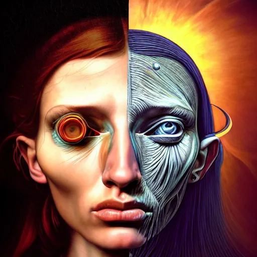 Image similar to Colour Caravaggio style Photography of Beautiful woman with highly detailed 1000 years old face wearing higly detailed sci-fi halo above head and Woman wearing hyperrealistic sci-fi dress ,designed by Josan Gonzalez. Many details . In style of Josan Gonzalez and Mike Winkelmann andgreg rutkowski and alphonse muchaand and Caspar David Friedrich and Stephen Hickman and James Gurney and Hiromasa Ogura. volumetric natural light