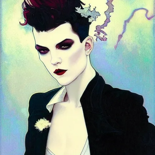 Image similar to exquisite portrait of androgynous ruby rose as desire from sandman in a white tuxedo!!!, rockabilly style,, by alphonse mucha, by jeremy mann, by peter lindbergh, dave mckean, by frank moth, white suit and black tie, soft lightning, high detailed, 8 k