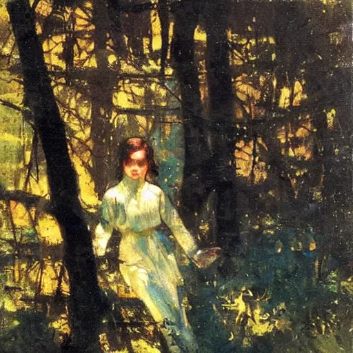 Image similar to young girl lost in a forest, by dean cornwell, sunlit