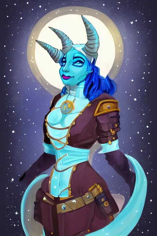 Image similar to Jester Lavorre blue tiefling from Critical Role in a steampunk couture outfit in a starry space sky 🌈