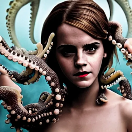 Prompt: emma watson as a cursed octopus monster, satanism, lovecraftian horror, eldtritch horror, sinister