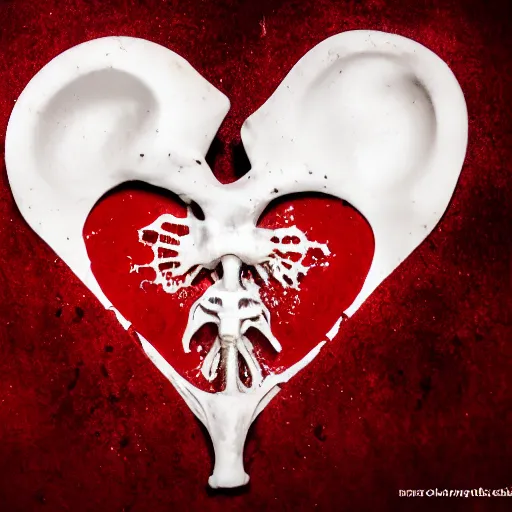 Prompt: skeletal heart, heart formed from bone, dripping blood, high resolution, dslr, cinematic photography, cinematic lighting, starch white and deep red