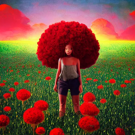 Prompt: giant red flower afro, full body, girl in the middle of a field with flowers, surreal photography, hills, sunrise dramatic light, impressionist painting, colorful clouds, digital painting, pointillism, artstation, simon stalenhag