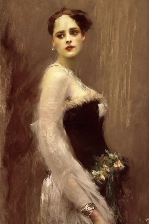 Image similar to Solomon Joseph Solomon and Richard Schmid and Jeremy Lipking victorian genre painting full length portrait painting of a young beautiful woman victorian rich dancer