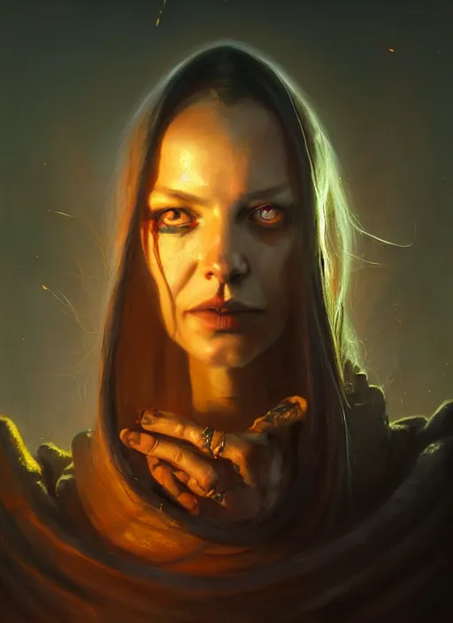 Image similar to closeup realistic portrait of a female necromancer, backlit, oil painting, concept art, filip hodas, john howe, mike winkelmann, jessica rossier, andreas rocha, bruce pennington, albert bierstadt, peter mohrbacher, donato giancola, joseph christian leyendecker, wlop, boris vallejo