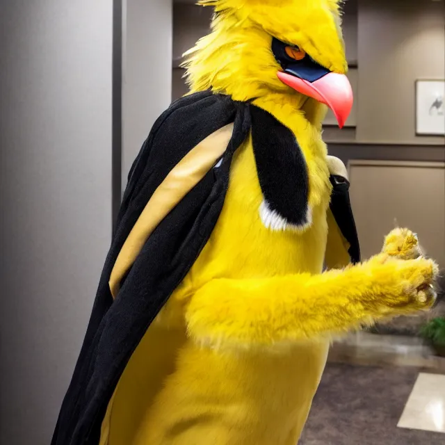 Image similar to a person wearing a fursuit of a yellow bill magpie fursona, fursona, furry convention, hotel lobby, indoors, photograph, furry fandom, photorealistic,