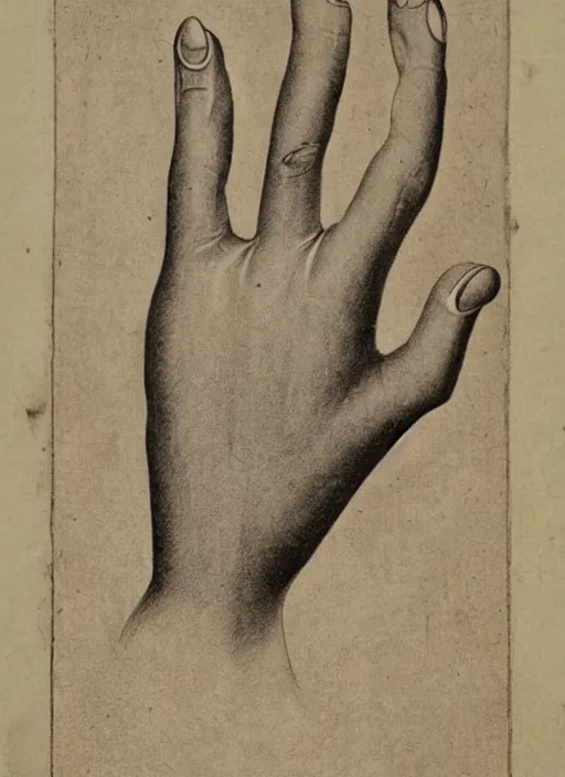 Prompt: “18th century scientific illustration of a hand with 6 fingers.”