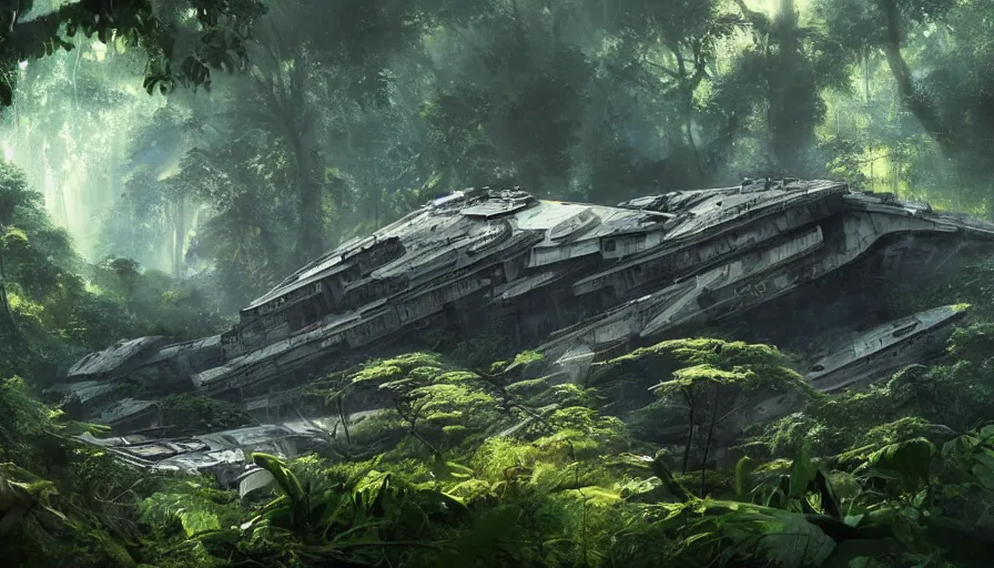 Image similar to a beautiful painting of a crashed millennium falcon in a lush jungle, ray traced lighting by kalin popov and greg rutkowski