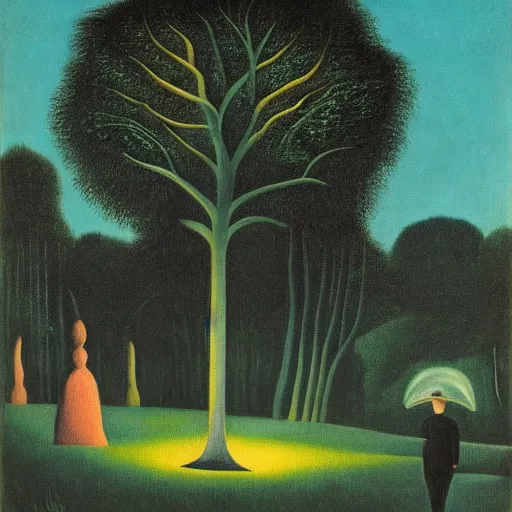 Image similar to central park at night, henri rousseau painting, moon light, teal palette