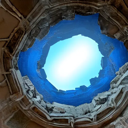 Image similar to borderless, blue portal to another world in the middle of an ancient ruin.