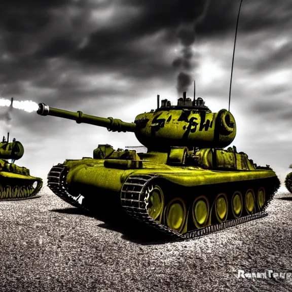 Image similar to atompunk tanks doing battle, 4 k, hdr, smooth, sharp focus, high resolution, award - winning photo