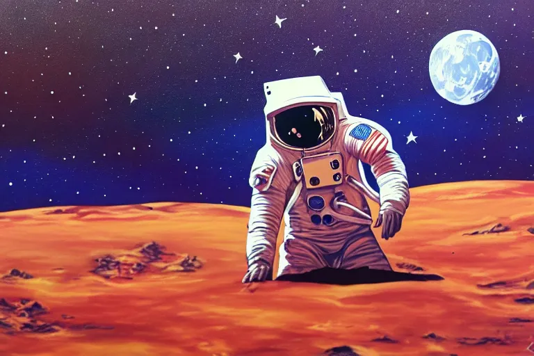 Image similar to an astronaut laying on mars in the style of flooko, acrylic art, detailed, moonlight,