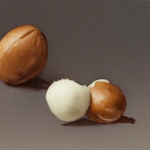 Prompt: a hazelnut next to a blob of milk chocolate, white background, macro, ultra detailed, intricate, sharp focus, watercolour illustration by John Singer Sargent, 8K