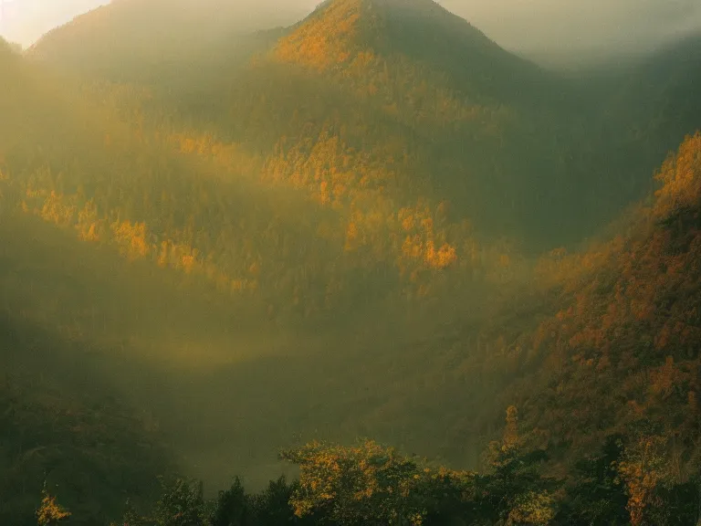 Prompt: 35mm film still magic morning light over mountains, autum, mist in valley, tropical forest, moody, by Alex grey