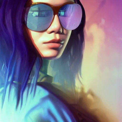 Image similar to very detailed masterpiece closeup painting of a very beautiful young indonesian cyberpunk woman with light blue shutter shades, one side haircut, brown hair with light blue ends, purple leather jacket, beauty mark on cheek, portrait, synthwave background, artstation, concept art by greg rutkowski