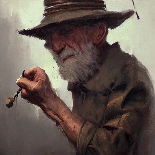 Image similar to old man portrait, he pulling pin is pulling pin of hand grenade,, greg rutkowski art