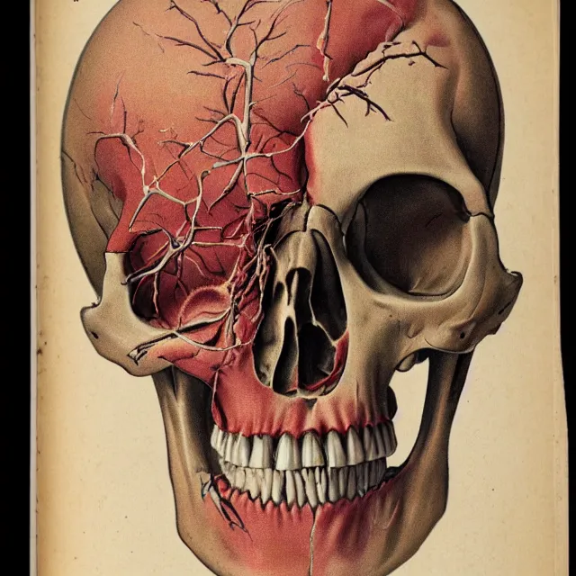Prompt: vintage anatomical illustration of a fragmented skull into hundreds of pieces, vintage textbook