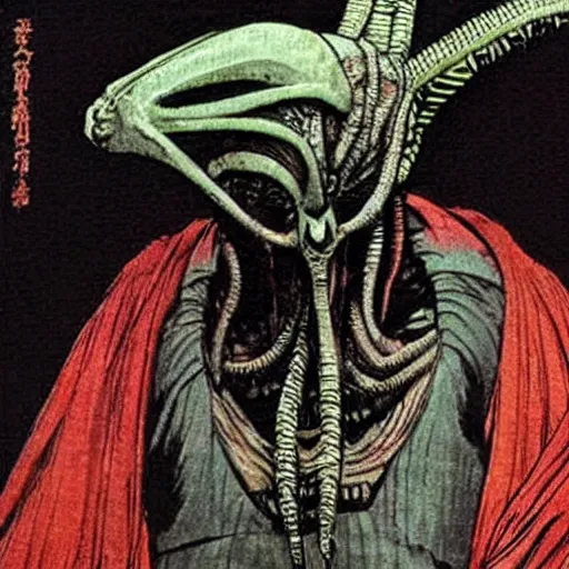 Prompt: the alien from the predator movie in the edo period. realistic.