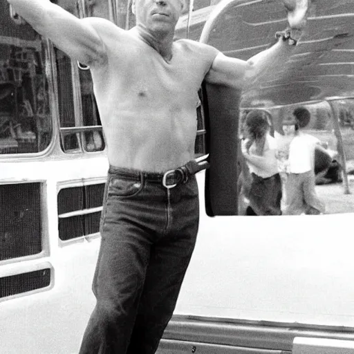 Image similar to bruce willis learning to fly in the back of a bus, realistic photograph, vintage