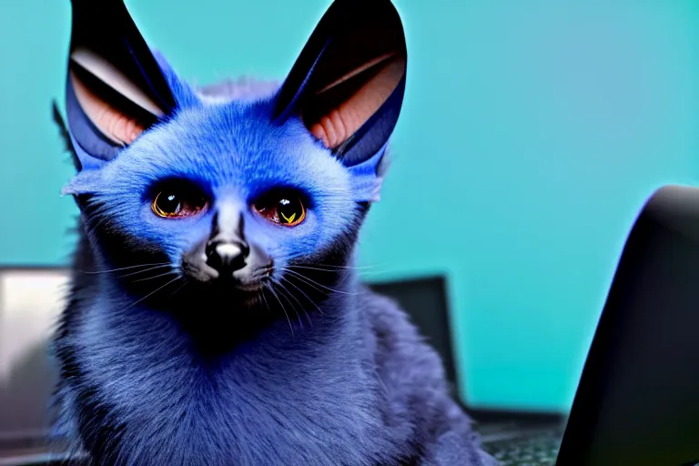 Image similar to a blue - and - black male catbat fursona with blue / green heterochromatic eyes and huge bat ears, photo of the catbat streaming on his computer