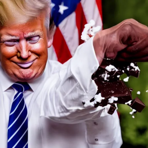 Prompt: donald j. trump spraying chocolate from his hands, chocolate spray landing on liberals