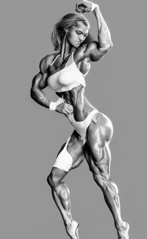 Image similar to photo of bodybuilder woman posing in white peignoir, full leight, ultra rendered extreme realism and detail, 8 k, highly detailed, realistic, photorealistic,