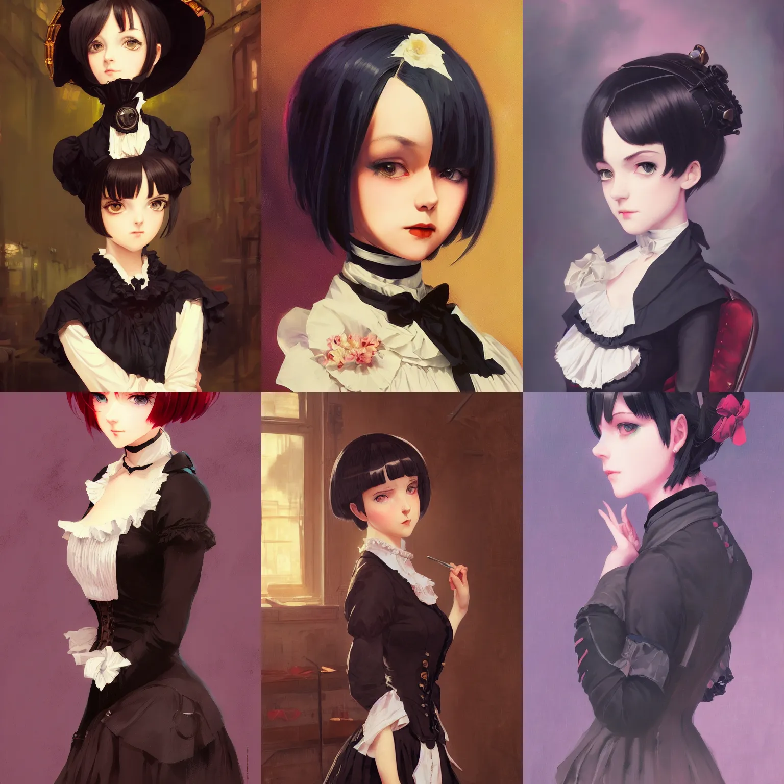 Prompt: a portrait of a cute woman in a Victorian maid outfit with black bob cut hair, steampunk setting, vivid colors, soft lighting, atmospheric, cinematic, moody, in the style of Ilya Kuvshinov and Range Murata, Krenz Cushart, oil on canvas, 8k