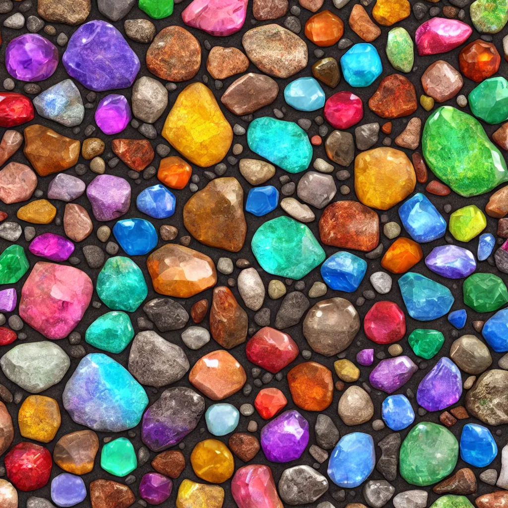 Prompt: high quality 4 k colourful texture of gemstones, beautiful aged and rustic finish, blender design assets, 3 d, photo - realostic, high poly, 3 0 0 dpi, 8 k render, ue marketplace, unreal engine 5, volumetric lighting, realistic shadows,