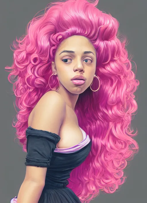 Image similar to full body portrait, teenage vanessa morgan, pink hair, obese, black girl, curly pixie hair, sultry, realistic, short hair, hoop earrings, skirt, shirt, fat, belly, intricate, elegant, highly detailed, digital painting, artstation, concept art, smooth, sharp focus, illustration, art by wlop, mars ravelo and greg rutkowski