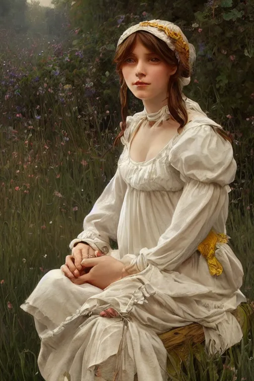 Image similar to beautiful cottagecore young peasant maiden, innocent, intricate, elegant, highly detailed, digital painting, artstation, concept art, smooth, sharp focus, illustration, art by artgerm and greg rutkowski and alphonse mucha