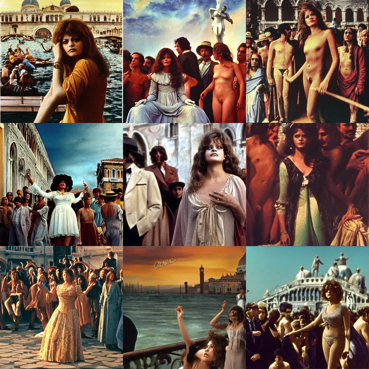 Prompt: a scene from death in venice ( 1 9 7 3 ) by luchino visconti showing claudia cardinale leading a despaired crowd in venice in 1 9 1 0 in front of the venetian cityscape, inspired by last judgement by michelangelo. cinematic, technicolor!!!, very crisped colors, intense colors, highly detailed, 5 0 mm, studio lighting