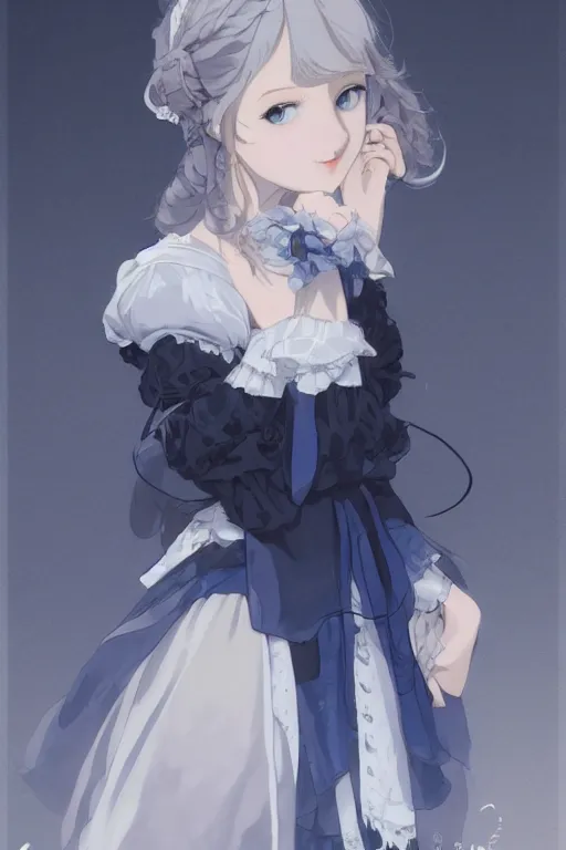 Prompt: a character design of young black lolita dressed girl, grey and blue theme, wavy white long hair by krenz cushart and mucha and akihito yoshida and makoto shinkai and greg rutkowski, detailed eyes, 4 k resolution