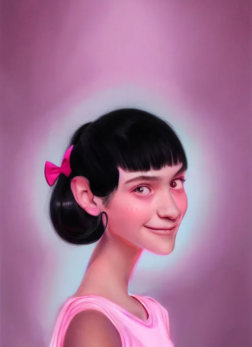 Image similar to portrait of teenage girl, realistic, black hair, bangs, half updo hairstyle, pointy nose, skinny, smile, ugly, defined jawline, big chin, pink hair bow, earrings, intricate, elegant, glowing lights, highly detailed, digital painting, artstation, sharp focus, illustration, art by wlop, mars ravelo and greg rutkowski