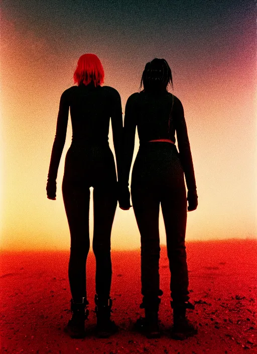 Image similar to cinestill 5 0 d photographic portrait of two loving female androids wearing rugged black techwear on a desolate plain with a red sky, extreme closeup, lizard on ground, cyberpunk style, in front of a brutalist dark metal facility, dust storm, 8 k, hd, high resolution, 3 5 mm, f / 3 2, ultra realistic faces