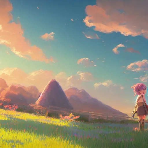 Prompt: pastel landscape of an anime field. clean sharp digital art, environment concept art, by rossdraws, ghibli, breath of the wild, greg rutkowski