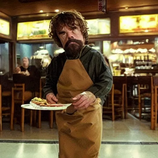 Prompt: “ film still of peter dinklage ordering food on stilts at an olive garden ”