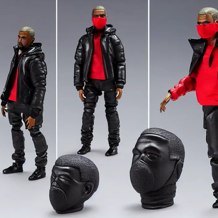 Image similar to a action figure figure of kanye west using a full face covering black mask, a small, tight, undersized reflective bright red round puffer jacket made of nylon, dark jeans pants and big black balenciaga rubber boots, figurine, detailed product photo