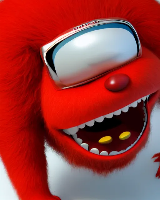 Prompt: 3 d render of completely red hairy friendly smiling antropomorphic creature wearing chrome shades, without nose, full body, standing on 2 feet, in the style of pixar, white background, unreal engine 5, octane render, highly detailed hdr