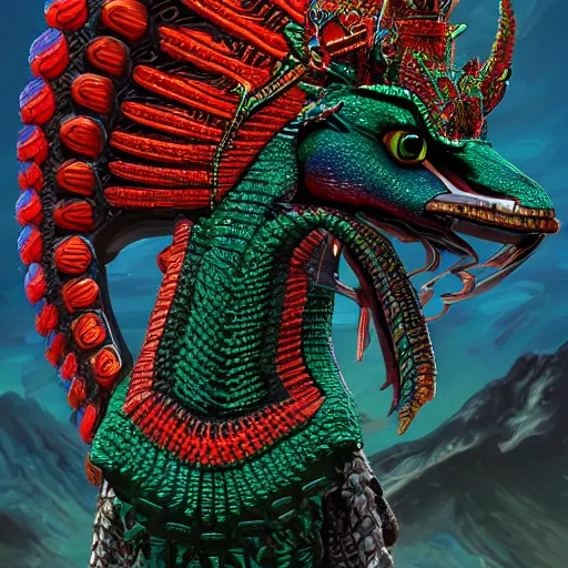 Image similar to a quetzalcoatl, trending on artstation, highly detailed, 8k, beautiful, dynamic lighting, detailed face, ornate armor, crochet skin