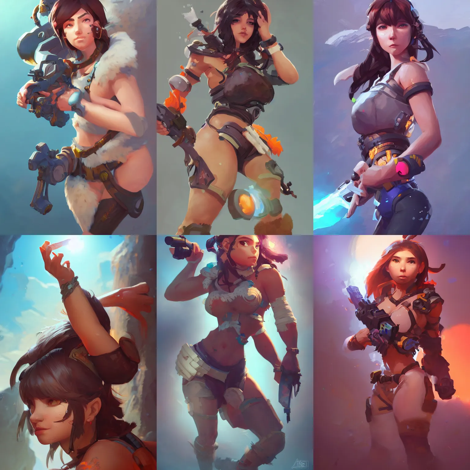 Prompt: a portrait of a cute female neanderthal, prehistoric setting, overwatch art team, action pose, vivid colors, soft lighting, atmospheric, cinematic, moody, splash art in the style of ilya kuvshinov and range murata, oil on canvas, 8 k