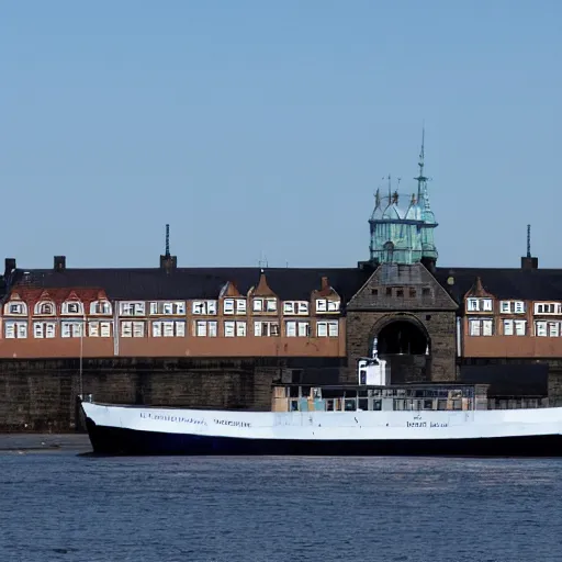 Image similar to a blue white black ferry at the sea outside kronborg castle