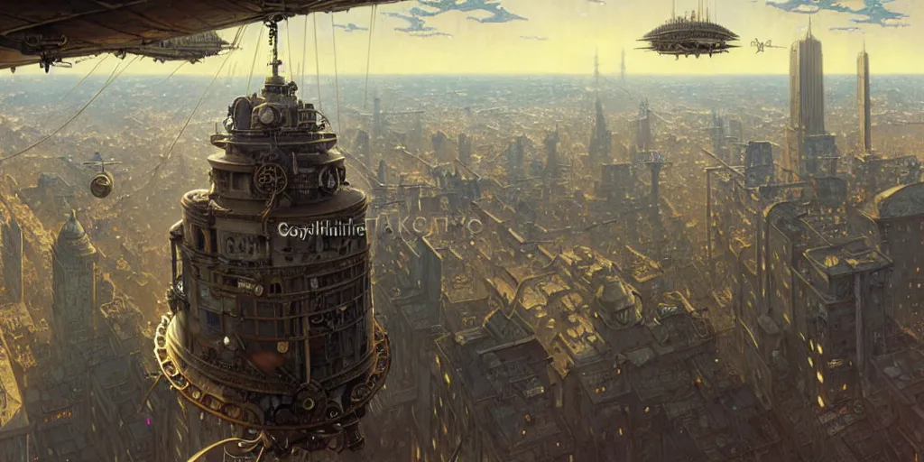 Image similar to steampunk airship above a busy city, exquisite details, denoised, mid view, by norman rockwell, karl kopinski, artsation, greg rutkowski, makoto shinkai, takashi takeuchi, studio ghibli