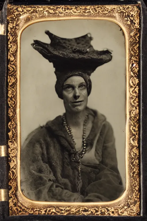 Image similar to a wet plate photo of a boa constrictor wearing a tiny jester hat