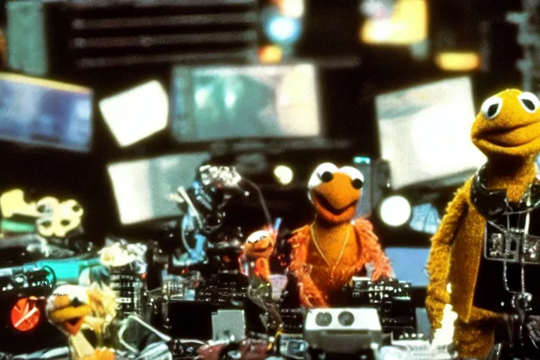 Prompt: muppet cyborg - pitbull, surrounded by screens, in 1 9 7 6, y 2 k cybercore, industrial low - light photography, still from a ridley scott movie