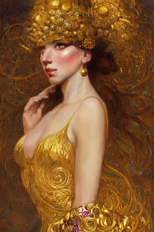 Image similar to an intricate painting of a beautiful young lady with an artistic sensual pose with klimt golden motives and textures, hyper detailed, ornamental gold headpiece, octane render, vivid colors, artstation, by jeremy mann, by alphonse mucha, by boris vallejo