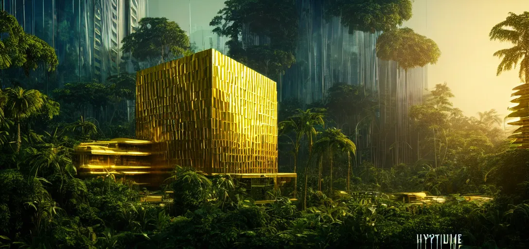 Prompt: futuristic shinny golden building in an jungle landscape of a biopunk city by taras shevchenko, movie poster, golden ratio, evening lighting, film still, realistic, octane render redshift arnold materials unreal engine, 8 k post production, hyper detailed